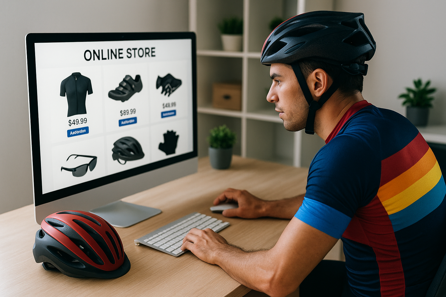 a cyclist looking at his computer ready to place an order online
