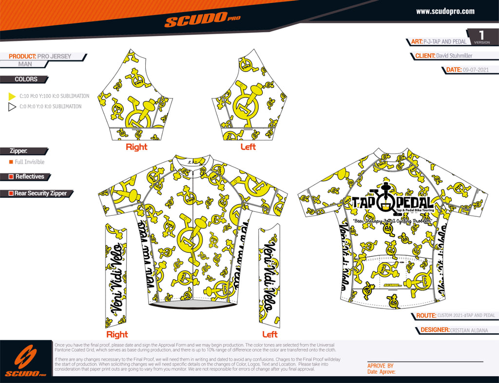 Tap and Pedal Yellow logos - White | PRO-Fit  | Short Sleeve Cycling Jersey | Men and Women