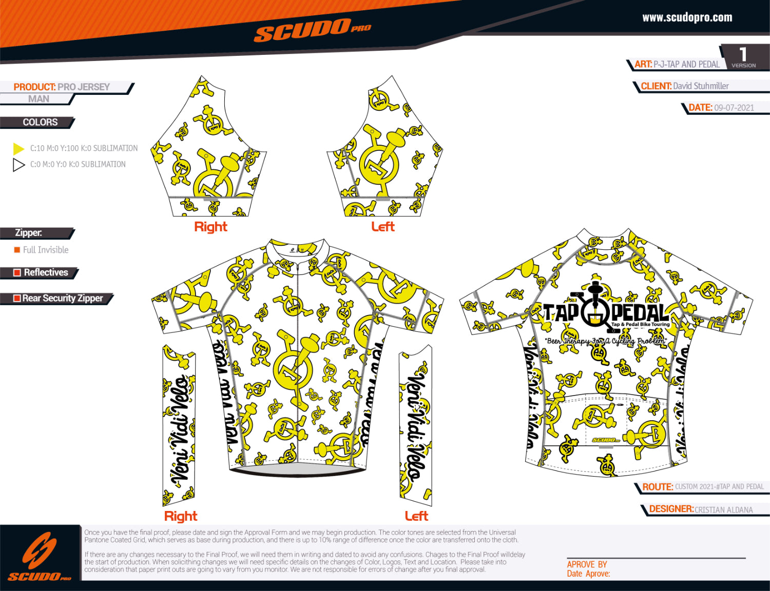 Tap and Pedal Yellow logos - White | PRO-Fit  | Short Sleeve Cycling Jersey | Men and Women